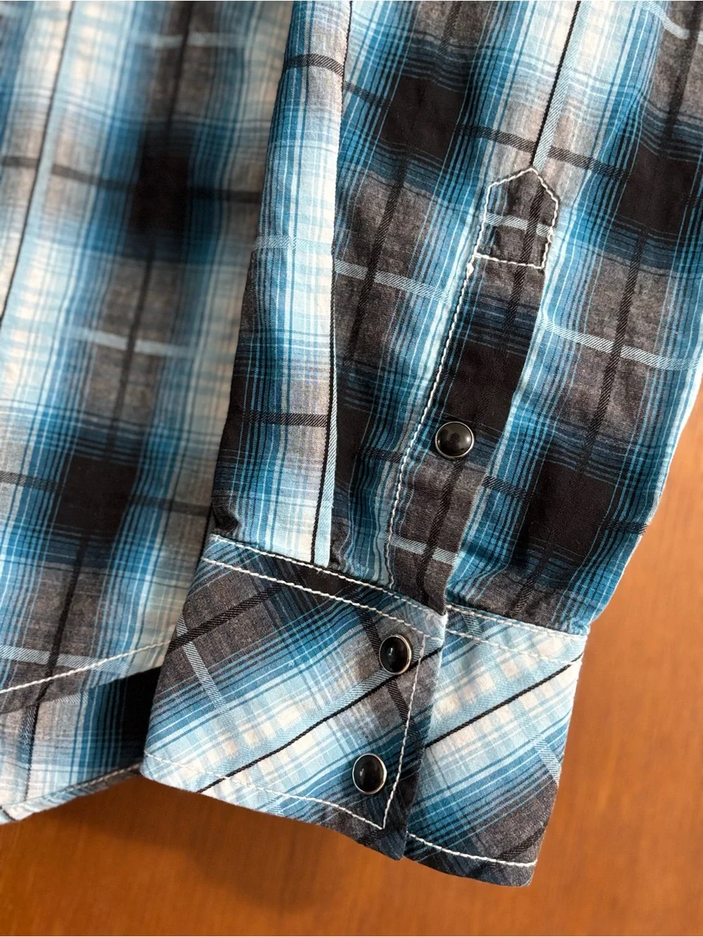 Rock & Roll Cowboy Long Sleeve Western Pearl Snap Blue Black Plaid Shirt 2XL